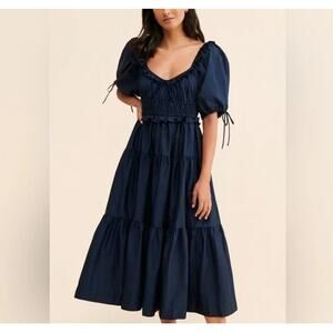 En Saison Poplin Puff Sleeve Tiered Midi Dress Dark Blue Sz. S